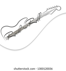 Black and white music background. Guitar and inscription rock'n'roll. Design of invitation to party, disco, music banner, flyer, cover, wallpaper. 3D vector illustration. Paper cut out style