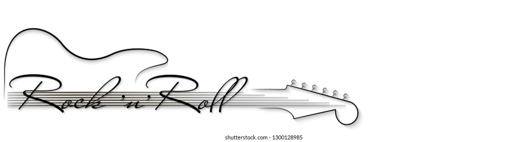 Black and white music background. Guitar and inscription rock'n'roll . Design of invitation to party, disco, music banner, flyer, cover, wallpaper. 3D vector illustration. Paper cut out style. 