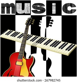 black and white music background with guitar and keys