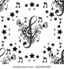 Black and white music background with notes and stars. Vector illustration.