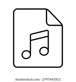 Black and white music file icon for audio theme, document with music note for digital song and media file design for music and sound design