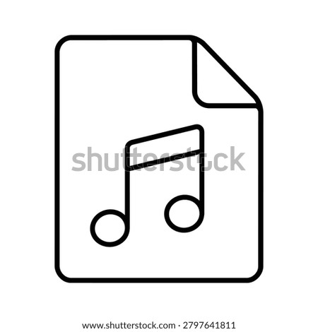 Black and white music file icon for audio theme, document with music note for digital song and media file design for music and sound design