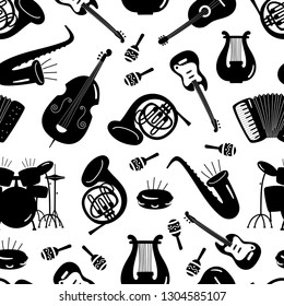 Black and white music instruments seamless pattern design. Guitar instrument for melody, jazz and rock music illustration