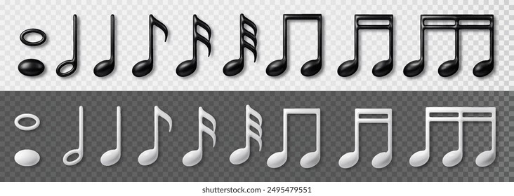 Black and white music notes 3d icon set. Realistic vector illustration isolated on transparent background