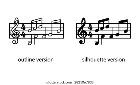 Black and white music notes on a staff with a treble clef symbol and four four time signature vector design