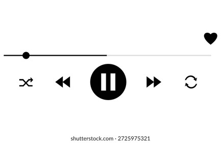 Uma interface de reprodutor de música em preto e branco com um botão de pausa, reproduzir, retroceder, avançar rapidamente, embaralhar e repetir botões em um fundo branco