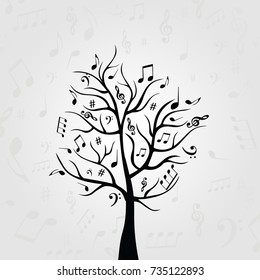 Black and white music tree with music notes. Music symbols for card, poster, invitation. Music background design vector illustration
