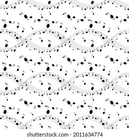 Black and white music wave and notes on a white background.
Abstract Music Seamless Pattern Background. 
Musical background  for your design. Vector Illustration. EPS10