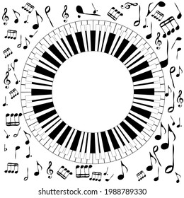 Black and white musical concept with round piano and musical notes and symbols