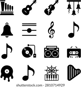 Black and White Musical Instruments and Notes Icon Set Featuring Various Sound Symbols and Devices