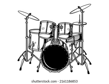 Black and white musical instruments vector isolated. Eps 10. Drum set line art.