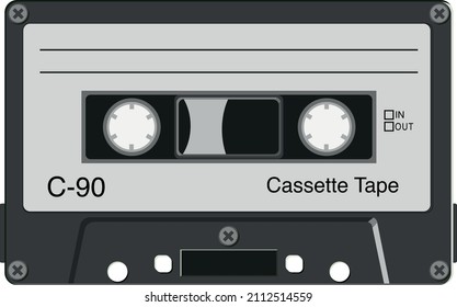 Black and White musiccasette, cassette tape, Retro music audio cassette 80s, vector art image illustration, isolated on white background, 