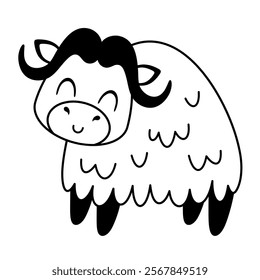 Black and white Muskox clipart. Cute Arctic animal clipart. Hand draw vector illustration in flat style