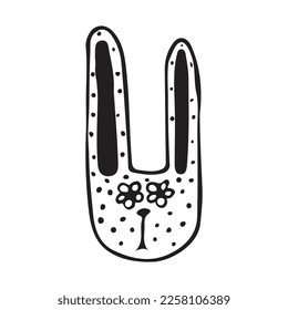 Black and white muzzle of a rabbit. Abstract cartoon hare isolated on white background.