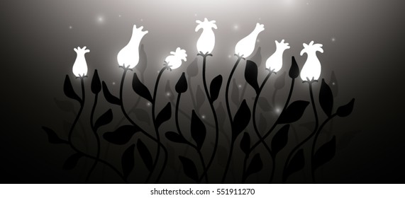Black and white mysterious panoramic format editable vector illustration. Stylized glowing white magical night flowers blooming in dark gloomy scenery background