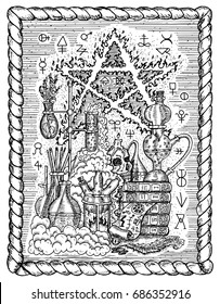 Black and white mystic drawing with alchemical symbols, skull, pentagram and laboratory equipment in frame. Occult and esoteric vector illustration, gothic engraved background