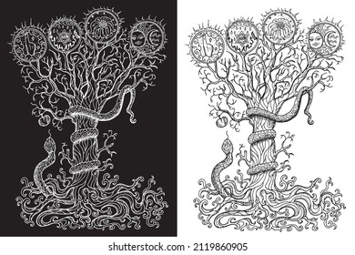 Black and white mystic fantasy tree line art vector illustration with occult and esoteric symbols, alchemy concept