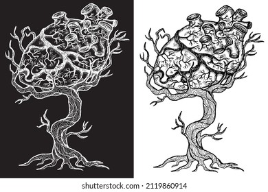 Black and white mystic fantasy tree line art vector illustration with occult and esoteric symbols, branches holding anatomy heart