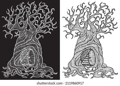 Black and white mystic fantasy tree line art vector illustration with door, occult and esoteric symbols. 