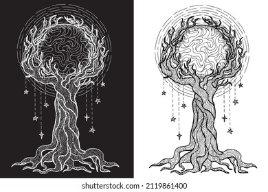 Black and white mystic fantasy tree line art vector illustration with occult and esoteric symbols, branches around the full moon