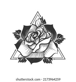 Black and White Mystic Tattoo of Rose Flower Over Double Triangle Sacred Geometry isolated on white. Vector illustration.