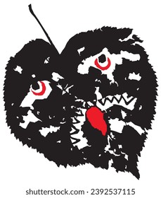 Black and white mystical drawing, face with red tongue. Vector graphic