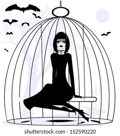 black and white mystical fantasy: girl raven in a cage                !!!!!!!! I created my vector completely in illustrator without any reference. No reference sketch or a photo to create my vector.