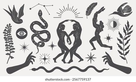 Black and white mystical illustration with dancers, snake, birds, and celestial symbols. Dancers, snake, and birds create a mystical, celestial theme. Spirituality vector set.