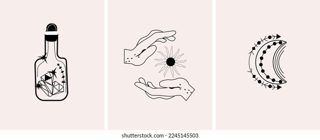 Schwarzweiß-Mystische Plakate mit Himmelmond, Sonne in Händen, mystische Flasche. Esoterische Elemente der mystischen Astrologie. Schwarz-Weiß-Kompositionen für Ihr Design. Minimalistisches Design