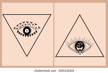 Black and white mystical posters with magic eyes. Esoteric elements of mystical astrology. Black and white compositions for your design. Minimalistic design. Vector illustration