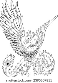 black and white mythological phoenix bird illustration