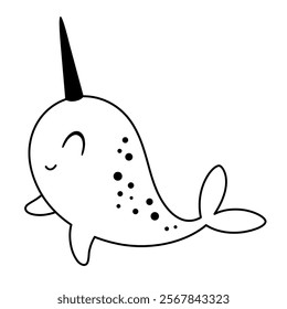 Black and white Narwhal clipart. Cute Arctic animal doodle. Hand draw vector illustration in flat style