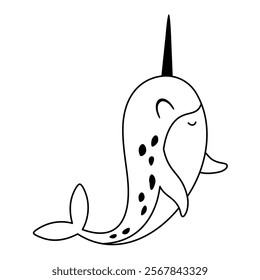 Black and white Narwhal clipart. Cute Arctic animal doodle. Hand draw vector illustration in flat style