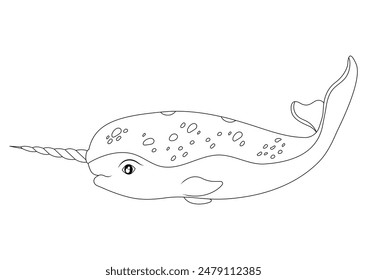 Black and White Narwhal Vector Flat Design Perfect for Coloring Pages and Sparking Children's Creativity, Isolated on White Background