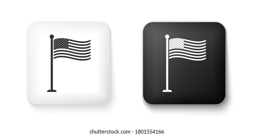 Black and white National flag of USA on flagpole icon isolated on white background. American flag sign. Square button. Vector.