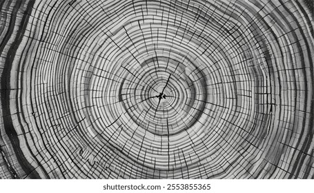 Black and white natural wood cut texture. Black and white pattern of tree rings in a wooden log. Black and white tree rings.