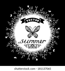 Black and white nature background. White grass, flowers and butterflies on black background. There is place for your text in the center