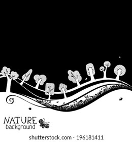 Black and white nature background. Trees, grass and waves background. There are places for your text on black and white areas.