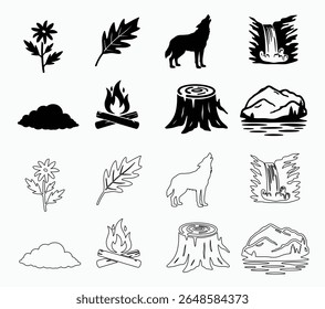Black and white nature icon set with forest, wolf, fire, waterfall, and mountain in vector style.









