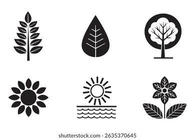Black and White Nature Icons Leaves, Trees, Sun, Flowers, and Water Symbols