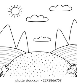 Black and white nature landscape with a green meadow, sun and mountains. Farm field background in cartoon style for coloring book. Vector illustration