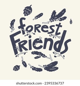 Letras naturales en blanco y negro. Carta sobre la fauna silvestre. Esbozar palabras, cono, rama en estilo infantil. Logotipo, impreso en prendas de vestir para bosques, zoológico. Ilustración vectorial aislada de escritura a mano plana