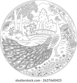 A Black and white a nature the peacock coloring page line art 