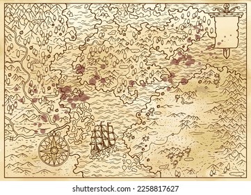 Black and white nautical ilustration with old pirate world map of treasures with unknown islands and lands, ancient sailboat ship, compass. Adventure concept marine background. 