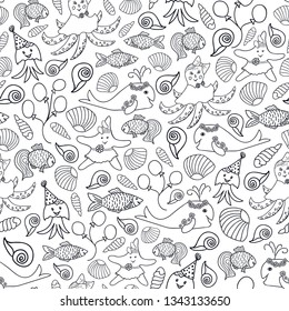 Black and white nautical ocean party vector seamless pattern texture. Cute childish octopus, jellyfish, starfish, whale, fishes and seashells background. Perfect for coloring book, fabric, wallpaper.