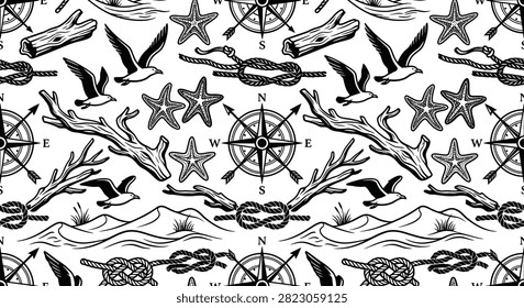 Black and white nautical seamless pattern featuring compass roses, seagulls, starfish, driftwood, sand dunes, and rope knots. Luxury vector background for maritime surface design.