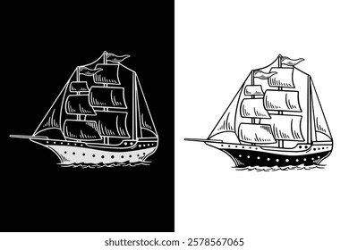 Black And White Nautical Vector Illustration Sail Boat