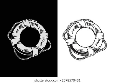 Black And White Nautical Vector Illustration Lifebuoy