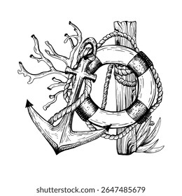 Black and white nautical vector illustration features an anchor entwined with rope, a lifebuoy, coral, and a wooden post. Hand drawn graphic sketch isolated on white. Ideal for marine themed designs.