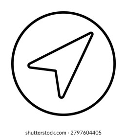Black and white navigation arrow icon for sea theme, direction pointer in circle for nautical route and travel design for nautical and ocean design